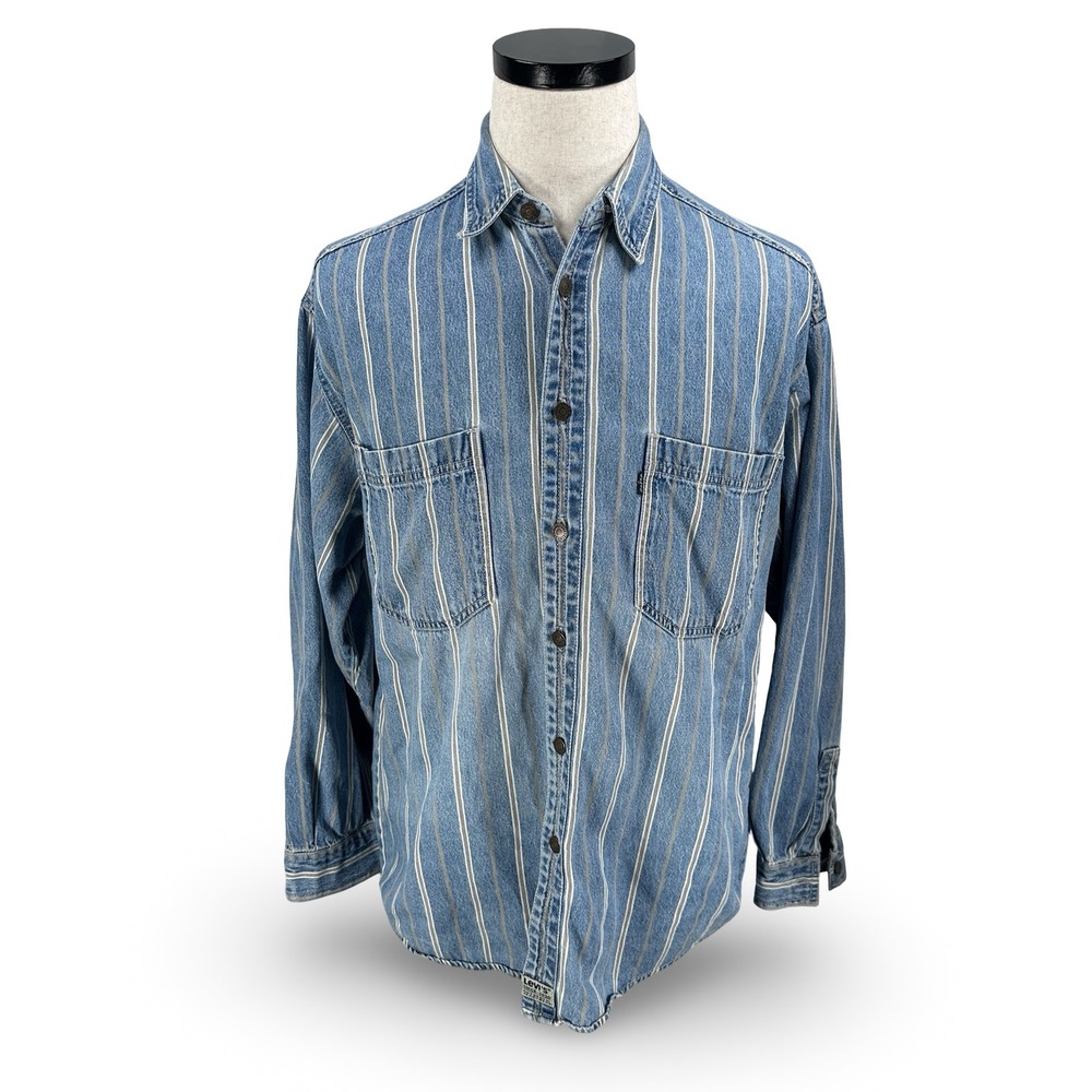 Vintage Levis‎ Mens Striped Denim Button Shirt Blue Gray White Medium Black Tab